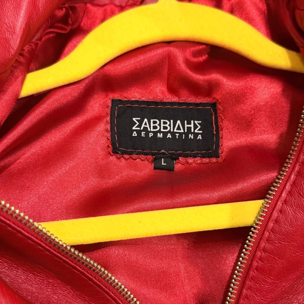 Savvidis Red Genuine Leather Jacket Womens L Handmade Greece Thriller Moto 1980s - Picture 9 of 9